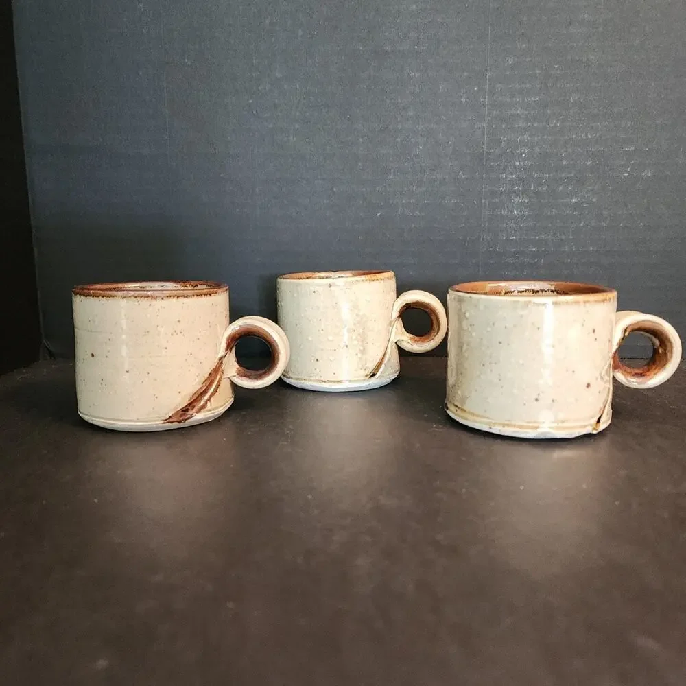 Stoneware Studio Art Pottery Coffee Cup Mug 4oz Earthtone Glaze Lt. Brown Qty3